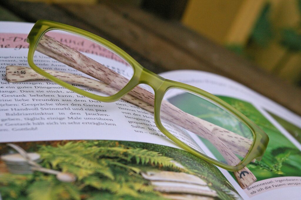 A pair of reading glasses resting on a book
